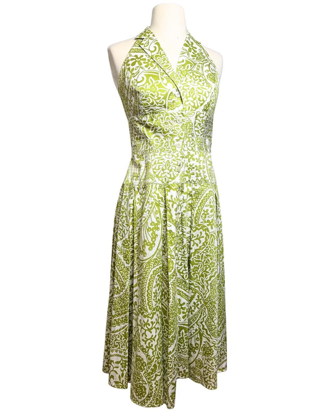 Liz Claiborne Green White Paisley Halter Midi Dress Size 4 Retro Summer